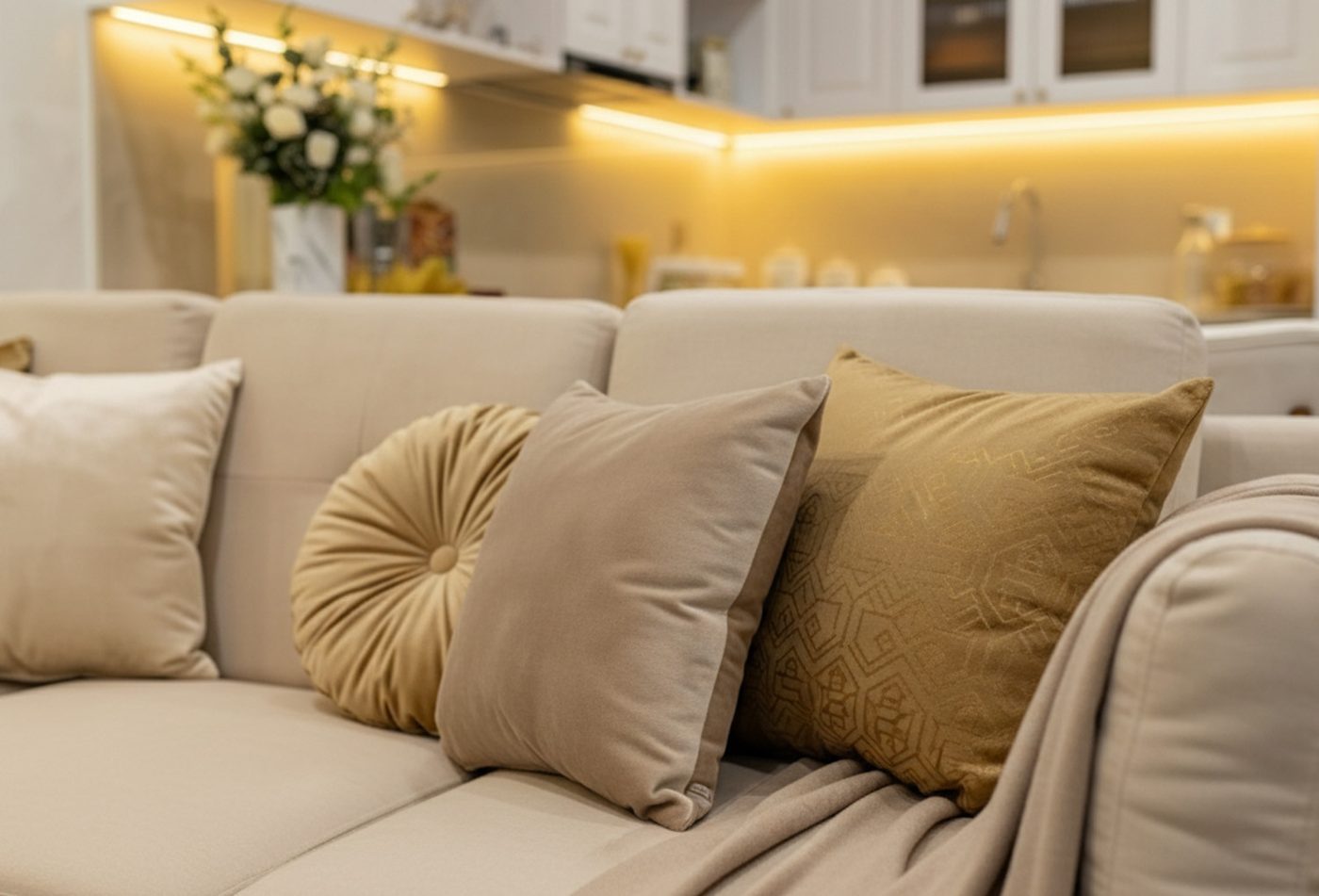 Sofa nỉ kem, gối v&agrave;ng đồng &ndash; Nội thất chung cư t&acirc;n cổ điển đẹp &ndash; căn hộ Giảng V&otilde;
